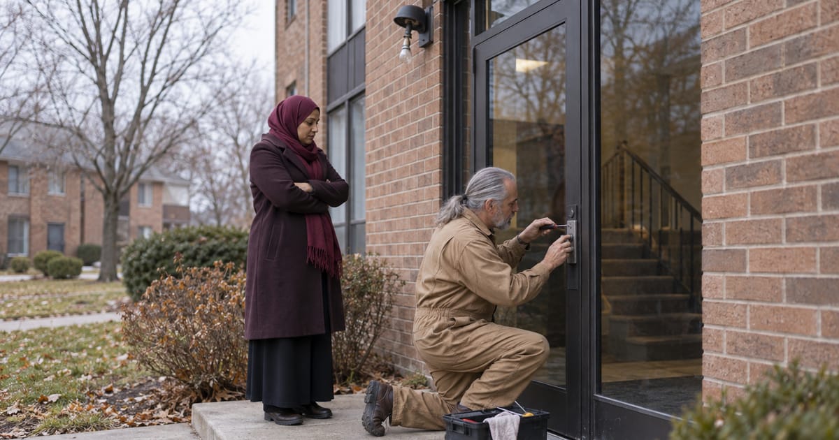 A man in tan coveralls kneels to work on the lock of a glass building door with a screwdriver as a woman in a burgundy headscarf watches