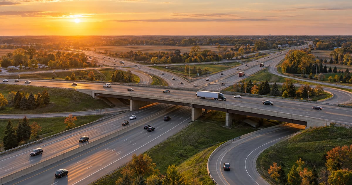 Cars and trucks move through a highway interchange with an overpass and curving ramps, surrounded by farmland and trees at sunset
