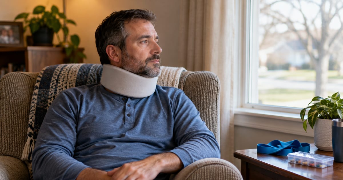 A bearded man in a soft neck collar sits in an armchair looking out a window, an exercise band and a pill organizer beside him
