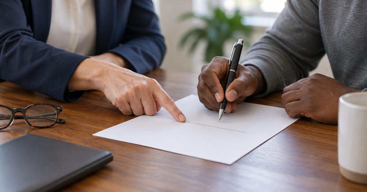A woman in a navy blazer points to a signature line on a sheet of paper while a man holds a pen, ready to sign