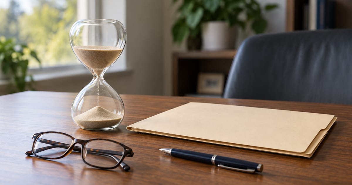An hourglass with sand running sits on a wooden desk beside a closed manila folder, a pair of glasses and a pen