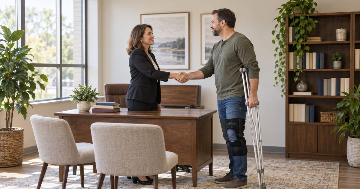 A smiling woman in a black blazer shakes hands with a man holding crutches and wearing a hinged knee brace in a bright office