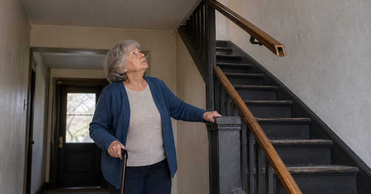An older woman with a cane stands at the foot of an old staircase, one hand on the post, looking up at a broken wall handrail