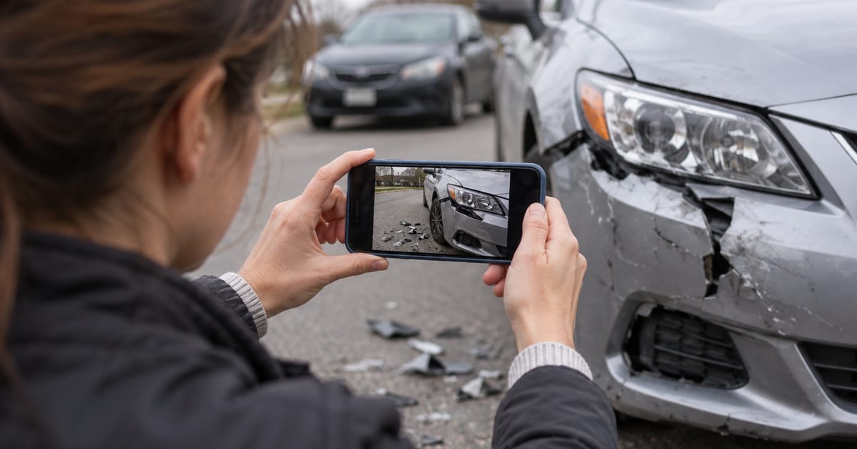 A woman holds up her phone to photograph a gray car's cracked front bumper, with broken plastic pieces scattered on the road