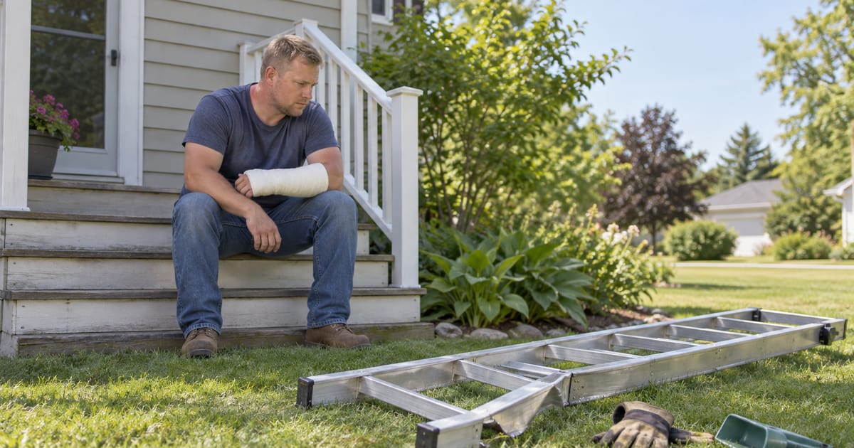 A man with a white cast on his forearm sits on a house's back steps, looking at an aluminum ladder with a buckled rail lying on the lawn