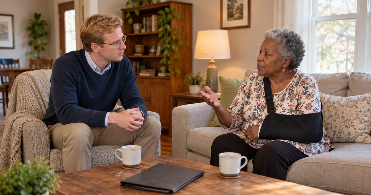 A man in a navy sweater listens as a gray-haired woman with her arm in a sling talks from the sofa, a closed folder and mugs between them
