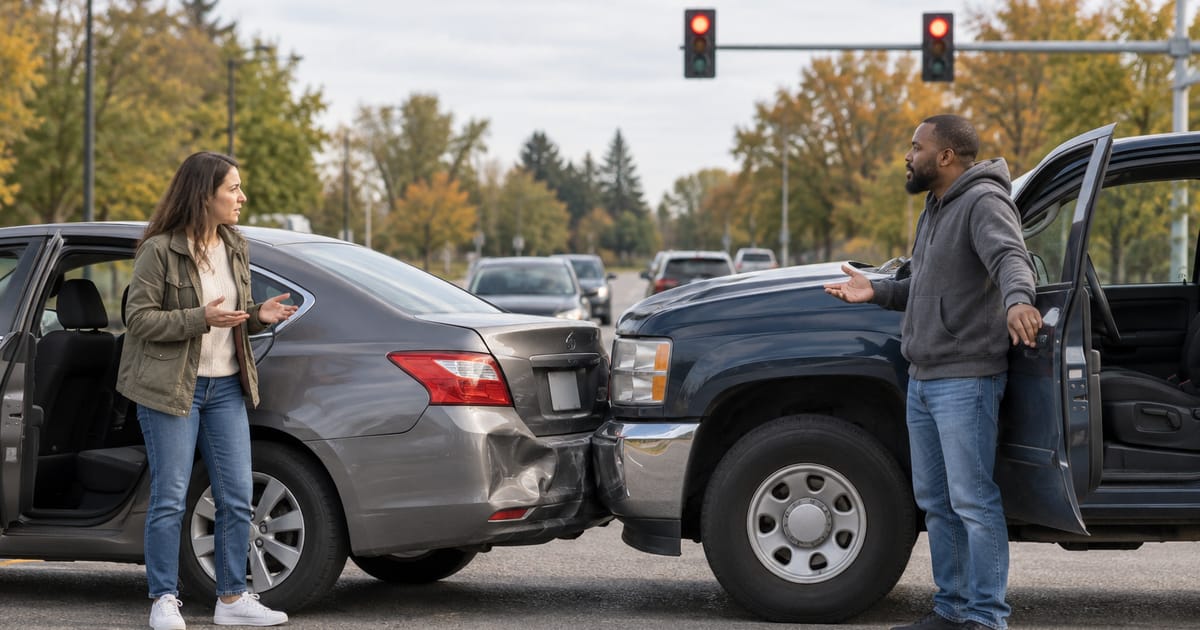 A woman and a man gesture beside a gray sedan with a dented rear bumper and a dark pickup truck pressed against it at a red light