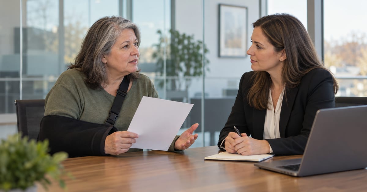 A gray-haired woman with her arm in a sling holds a sheet of paper as she talks with a woman in a black blazer holding a pen