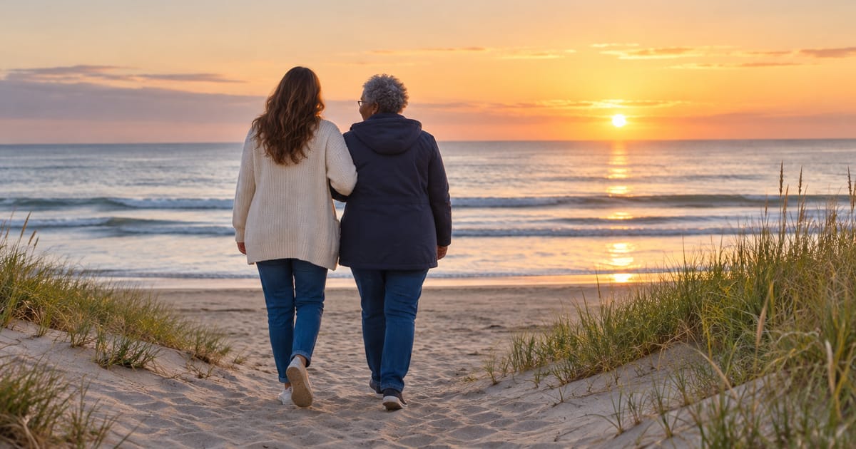Seen from behind, a woman in a cream cardigan and an older woman in a navy parka walk arm in arm on a beach, the sun low over the water