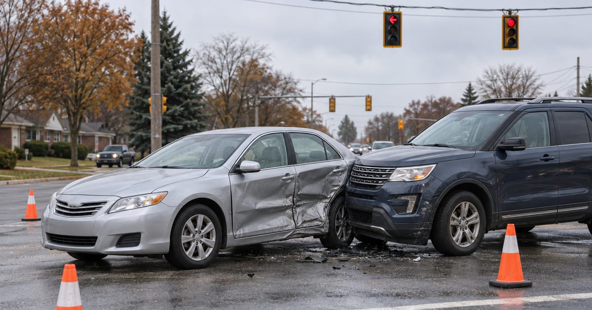 A dark blue SUV stopped against the crumpled side doors of a silver sedan at an intersection, with orange cones and red signals