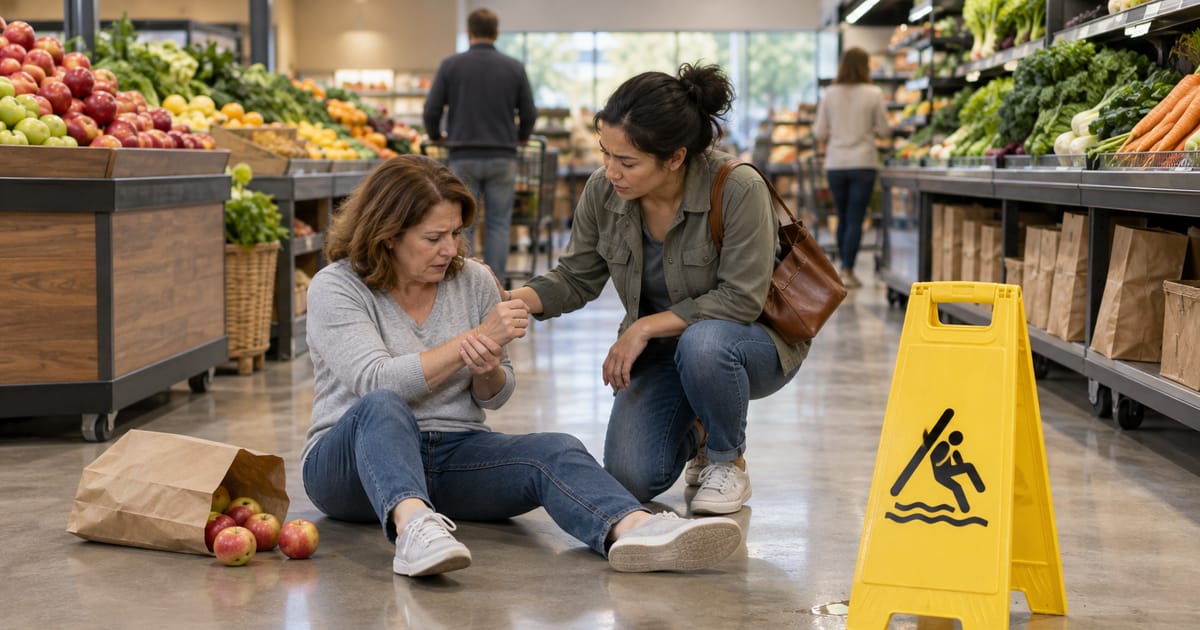 A woman sits on a grocery store floor holding her wrist as another woman crouches beside her, near a yellow wet-floor sign and spilled apples
