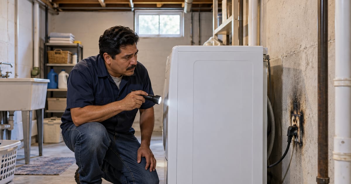 In a basement laundry room, a man kneels and shines a flashlight at a white washer, with a scorched wall outlet behind it