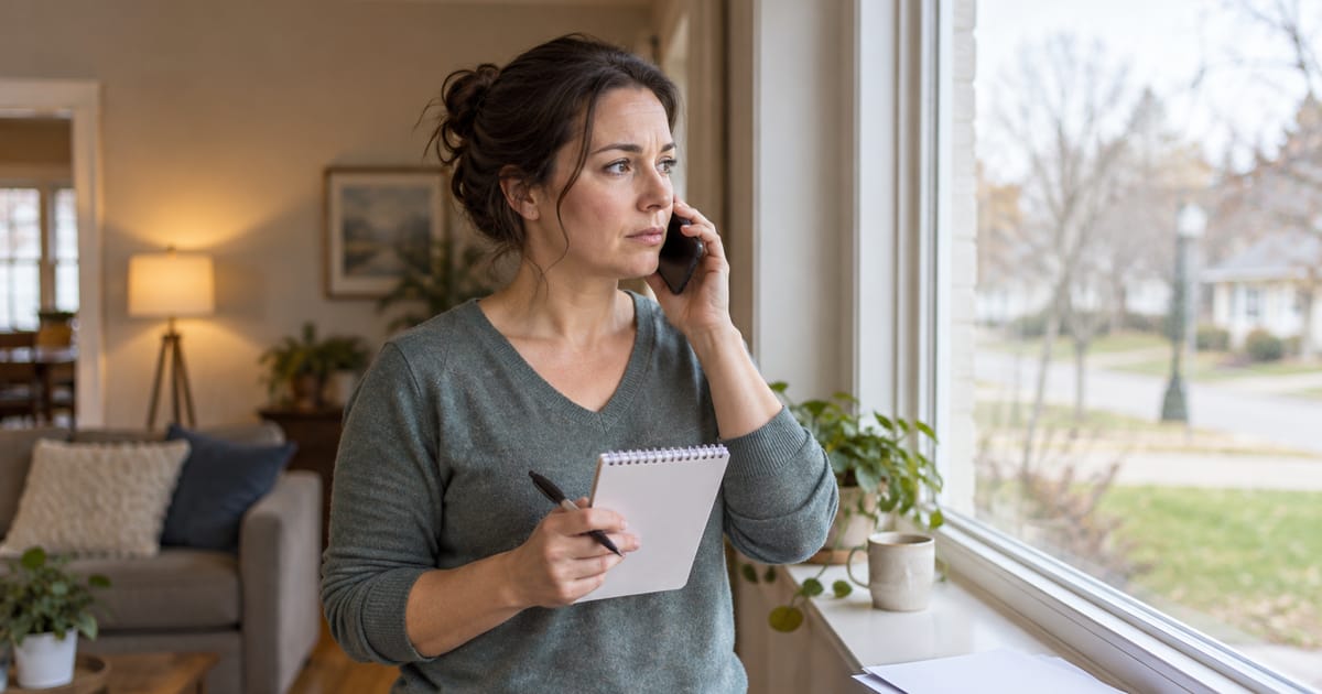 A dark-haired woman on a phone call stands by a living room window holding a small spiral notepad and a pen