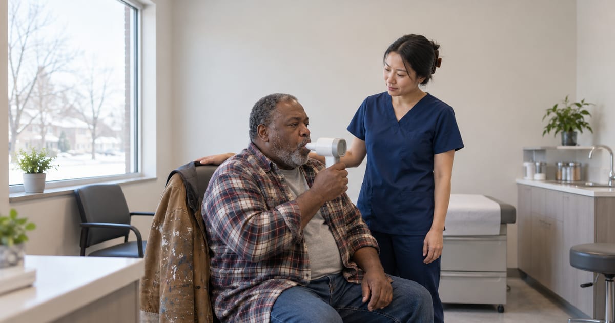 A gray-bearded man blows into a handheld breathing-test device as a woman in navy scrubs watches, a paint-spattered jacket on his chair
