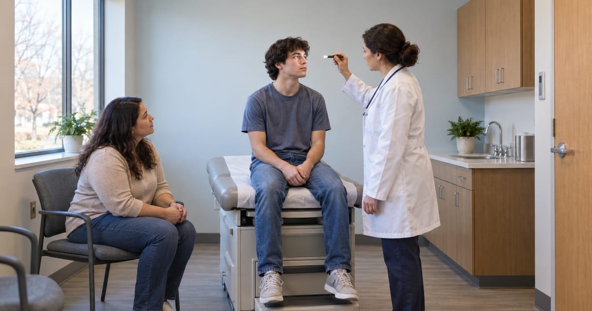 A doctor in a white coat shines a penlight at a young man's eyes as he sits on an exam table and a woman watches from a chair