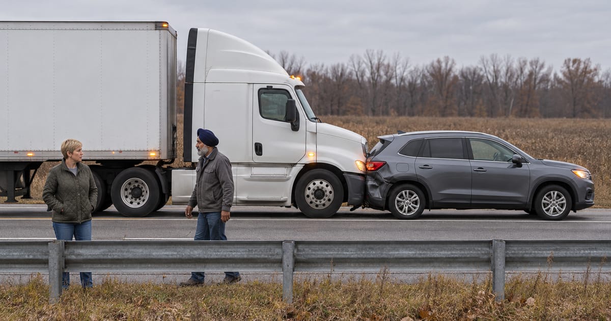 A white semi-truck is pressed into the crumpled rear of a gray SUV on a highway as a man in a navy turban walks toward a woman by the guardrail