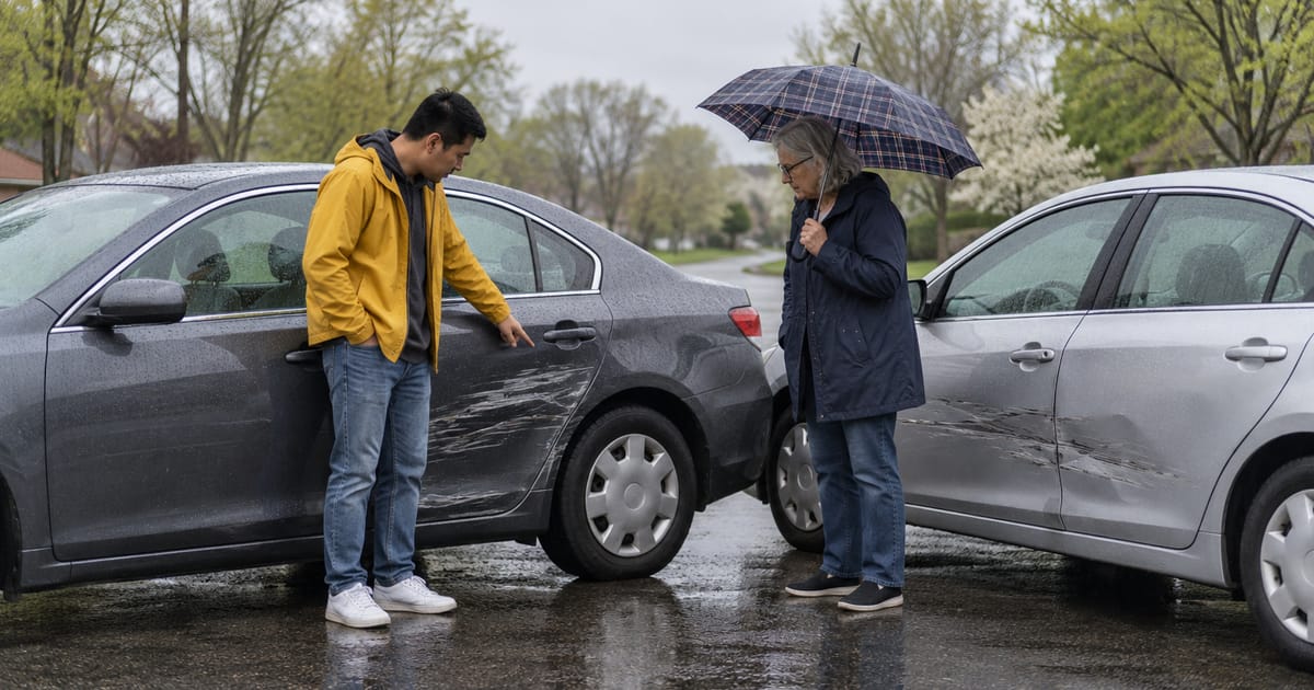 A young man in a yellow rain jacket points to scrapes on a gray car door as an older woman under a plaid umbrella stands by a scraped silver car