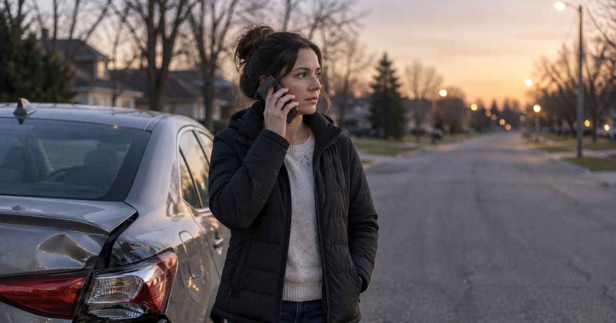 A woman talks on her phone beside a gray sedan with a crumpled rear corner, looking down an empty suburban street at dusk