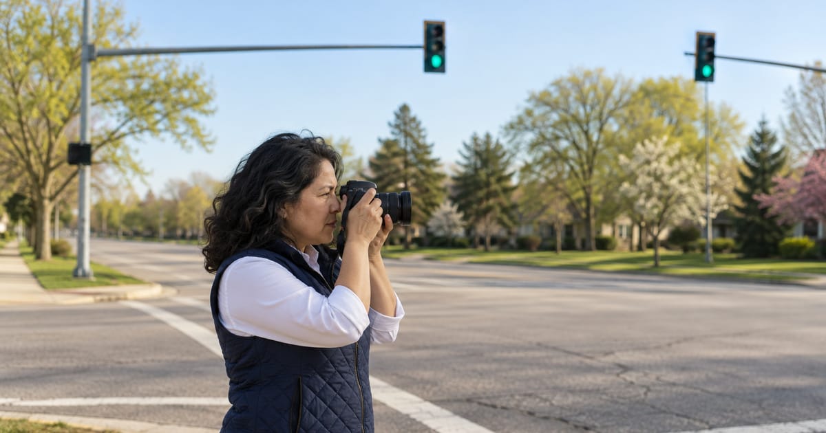 A woman in a navy quilted vest and white shirt photographs a quiet suburban intersection with a black camera, green traffic lights overhead