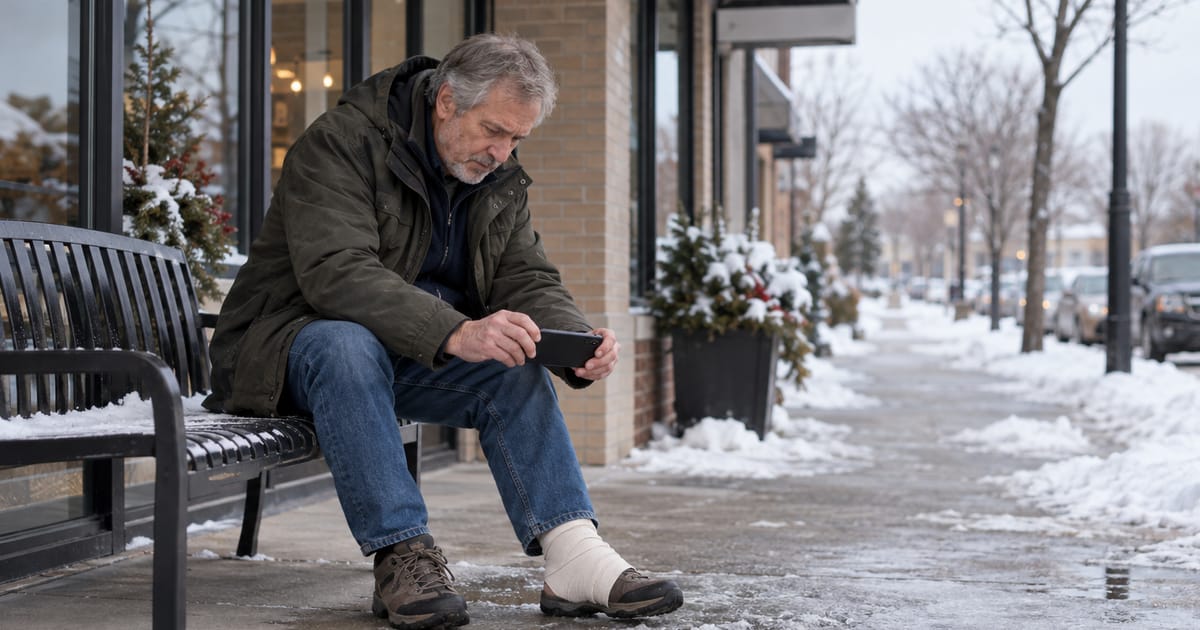 An older man with a bandaged ankle sits on a bench outside a shop, pointing his phone at the icy, snow-lined sidewalk