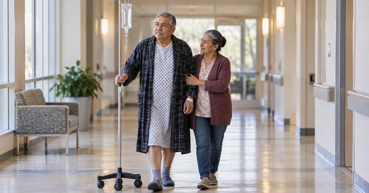 An older man in a hospital gown and plaid robe walks a bright hospital corridor with an IV pole as a gray-haired woman holds his arm