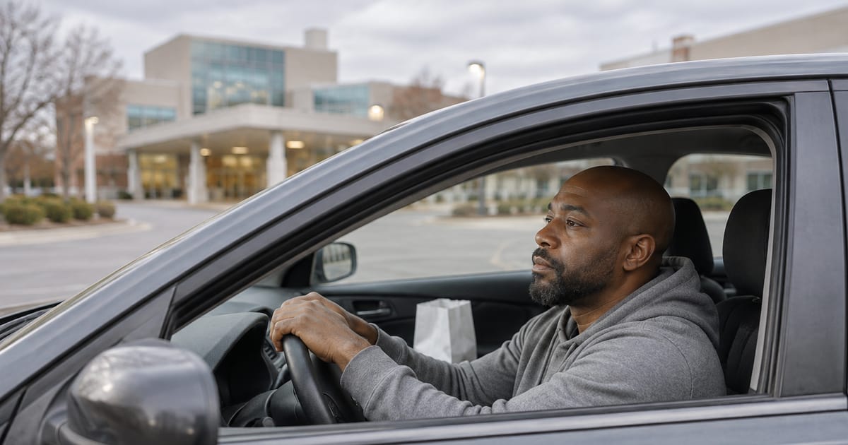 A bald, bearded man in a gray hoodie sits in a parked car with both hands on the steering wheel, staring ahead, a large building behind him