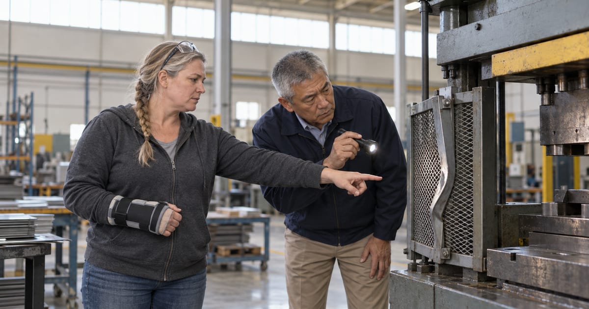 A woman with a wrist splint points to a bent safety guard on a factory press while an older man examines it with a flashlight