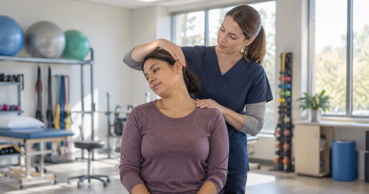 A physical therapist in navy scrubs gently tilts a seated woman's head to one side, one hand on her head and one on her shoulder