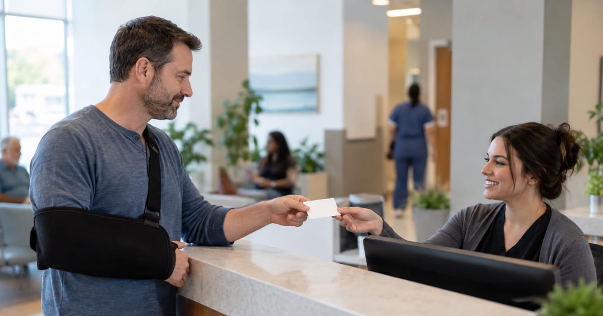 A man with his arm in a sling hands a white card to a smiling receptionist at the registration desk of a medical office