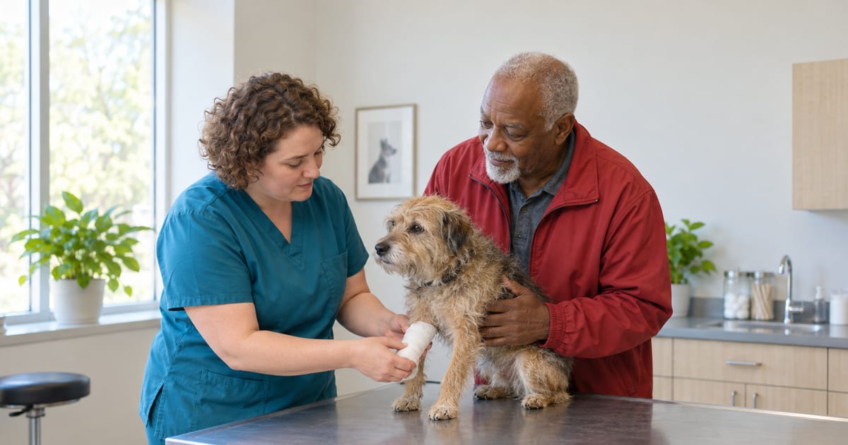 A woman in teal scrubs checks the white bandage on a scruffy dog's foreleg on an exam table as an older man in a red jacket holds the dog