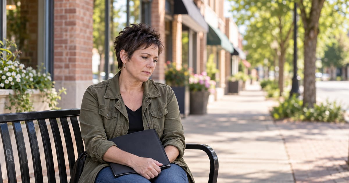 A woman with short dark hair sits on a bench outside brick storefronts, holding a closed black folder on her lap and looking down