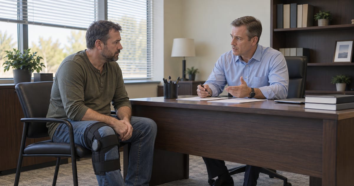 A man wearing a hinged knee brace listens from a chair beside a desk as a man in a blue button-down shirt speaks and gestures