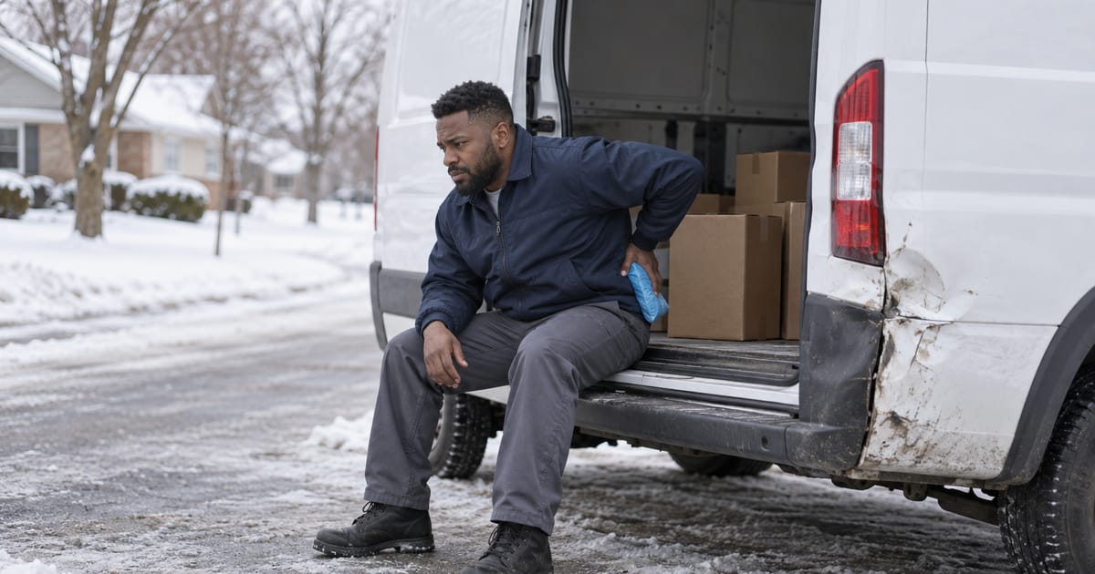 On a snowy street, a man sits in the open back of a white cargo van with a dented rear corner, pressing an ice pack to his lower back