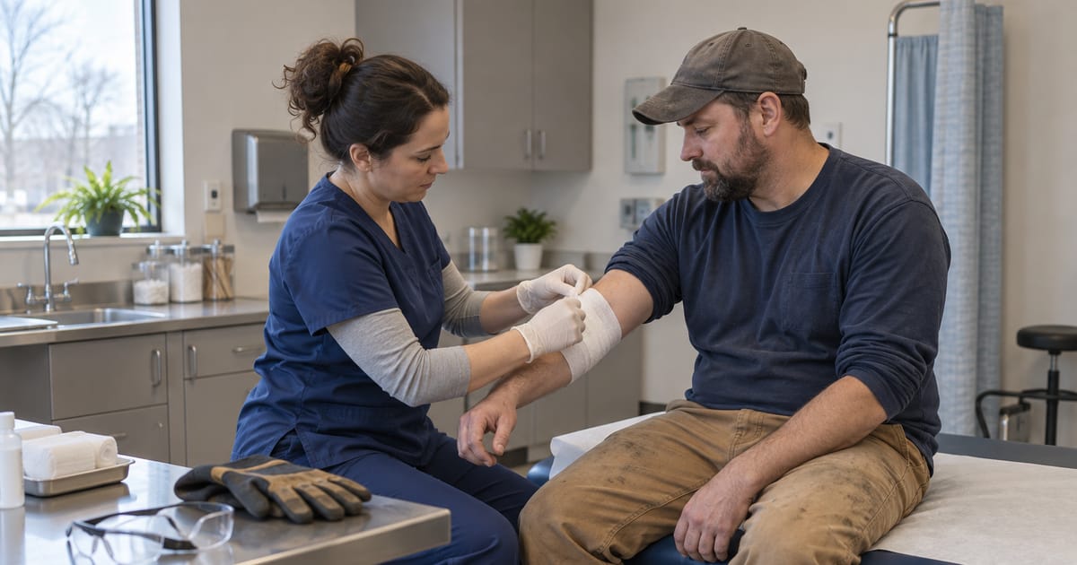A nurse in navy scrubs wraps a bandage around the forearm of a man in a cap and work pants, with safety glasses and work gloves on the counter