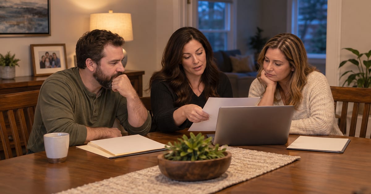 A man and two women at a dining table with folders and a laptop as the woman in the middle explains a sheet of paper to the other two