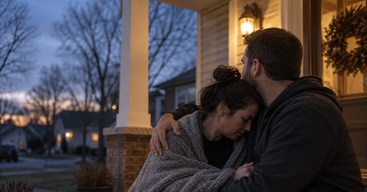 A woman wrapped in a gray blanket rests her head against a man who holds her close on a front porch at dusk under a warm light